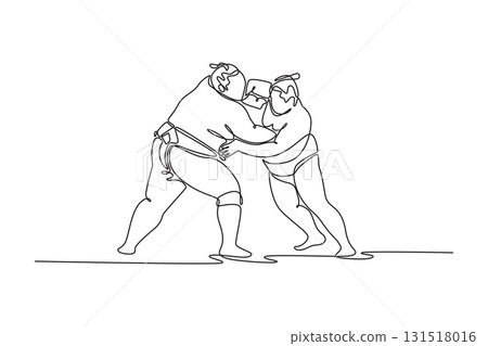 Continuous one line drawing two large Sumo wrestlers locked in fierce, pushing match, one delivering forceful open-hand strike to opponent's face. Single line draw design vector graphic illustration Continuous one line drawing two large Sumo wrestlers locked in fierce, pushing match, one delivering forceful open-hand strike to opponent's face. Single line draw design vector graphic illustration 131518016