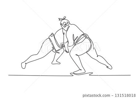 Continuous one line drawing two massive Sumo wrestlers locked in a low, forward-leaning grapple, powerful initial clash and struggle for leverage. Single line draw design vector graphic illustration 131518018