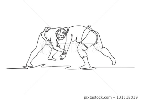 Single one line drawing two large Sumo wrestlers locked in a fierce, low-to-the-ground grapple, intense struggle for grip and position. Modern continuous line draw design graphic vector illustration Single one line drawing two large Sumo wrestlers locked in a fierce, low-to-the-ground grapple, intense struggle for grip and position. Modern continuous line draw design graphic vector illustration 131518019