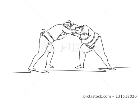 Continuous one line drawing two large Sumo wrestlers locked in a low, bending grapple, showcasing the immense head-on force immediately after clash. Single line draw design vector graphic illustration 131518020
