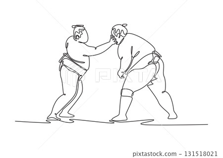 Single continuous line drawing two large Sumo wrestlers in close-quarters struggle, with one delivering open-handed strike to the other's face. Dynamic one line draw graphic design vector illustration 131518021