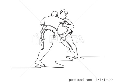 Single continuous line drawing two massive Sumo wrestlers locked in close-quarters embrace, gripping each other's belts in fierce struggle for control. One line draw graphic design vector illustration 131518022