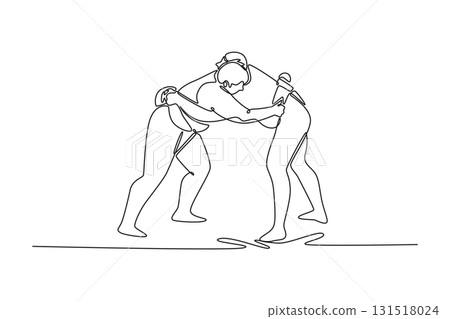 Single continuous line drawing two massive Sumo wrestlers locked in a head-to-head grapple, immense force and intense, close-quarters combat of sport. one line draw graphic design vector illustration 131518024