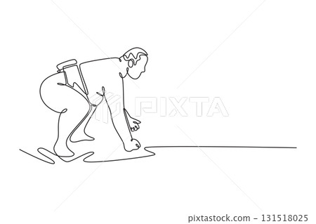 Single continuous line drawing large Sumo wrestler in a crouched starting position, hand reaching toward the ground, intense focus just before charge. One line draw graphic design vector illustration 131518025