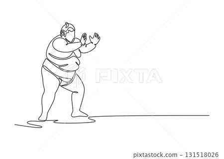 Single continuous line drawing large Sumo wrestler in a stable, defensive stance with both hands raised, ready to receive or initiate push in a match. One line draw graphic design vector illustration Single continuous line drawing large Sumo wrestler in a stable, defensive stance with both hands raised, ready to receive or initiate push in a match. One line draw graphic design vector illustration 131518026