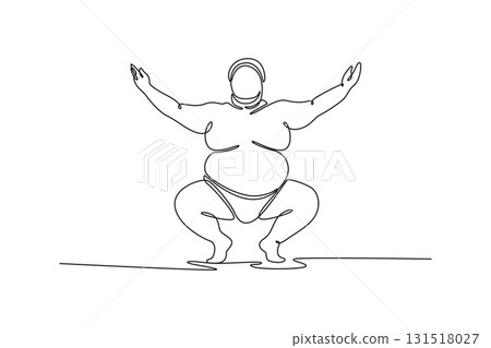 Single continuous line drawing large Sumo wrestler in powerful squat with arms raised wide, the imposing posture and ceremonial nature of Shiko ritual. One line draw graphic design vector illustration 131518027