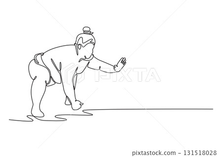 Single continuous line drawing large Sumo wrestler in crouched position, one hand on ground and other extended, intense readiness of pre-charge stance. One line draw graphic design vector illustration 131518028