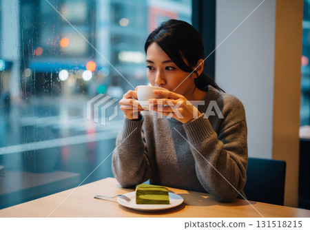 A woman relaxing in a cafe in the rain: A relaxing moment with matcha cake and a warm cup of tea 131518215