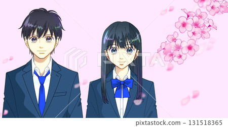 Cherry blossoms and petals, anime-style illustration of smiling high school or junior high school students, male and female, with space on the right 131518365