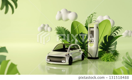 Sustainability with electric car and eco-friendly charging station. 3D render illustration Sustainability with electric car and eco-friendly charging station. 3D render illustration 131518488