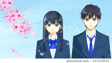 櫻花與藍天,動漫風格的插圖,高中生或國中生微笑,男女,左側有空白 櫻花與藍天,動漫風格的插圖,高中生或國中生微笑,男女,左側有空白 131518587