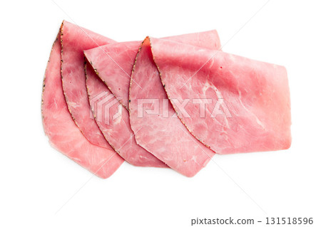 Sliced beef pastrami isolated on white background. 131518596