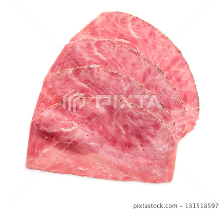 Sliced beef pastrami isolated on white background. 131518597
