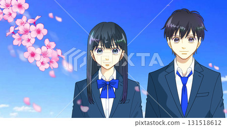 櫻花與藍天,動漫風格的插圖,高中生或國中生微笑,男女,左側有空白 櫻花與藍天,動漫風格的插圖,高中生或國中生微笑,男女,左側有空白 131518612