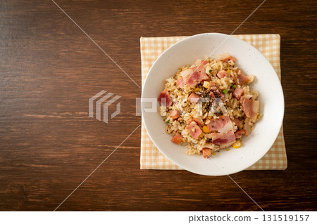 fried rice with bacon ham and black peppers fried rice with bacon ham and black peppers 131519157