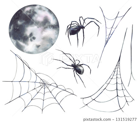 Full moon with spiders and spider webs. Realistic hand painted black grey Halloween decoration set. Illustration for party card, Horror design, biology, nature theme. Isolated from background clipart Full moon with spiders and spider webs. Realistic hand painted black grey Halloween decoration set. Illustration for party card, Horror design, biology, nature theme. Isolated from background clipart 131519277