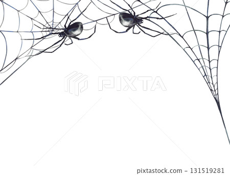 Watercolor Spiders on cobweb rectangular frame. Hand painted realistic shades of black and grey net Scary banner template. illustration isolated from background. Perfect for Halloween, biology card. 131519281