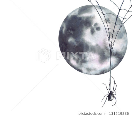 A spider hangs on the web agains full moon light, creating a mysterious and eerie atmosphere. Watercolor illustration for halloween scary card, mystical, frightening isolated from background clipart 131519286