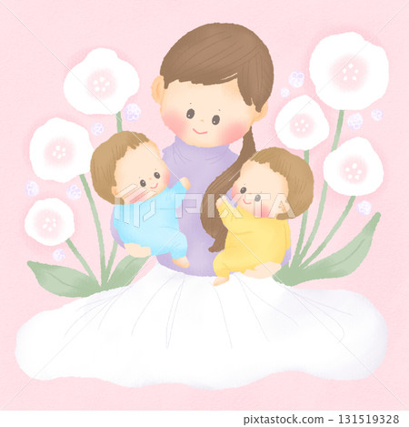 媽媽抱著雙胞胎嬰兒_父母和孩子 131519328