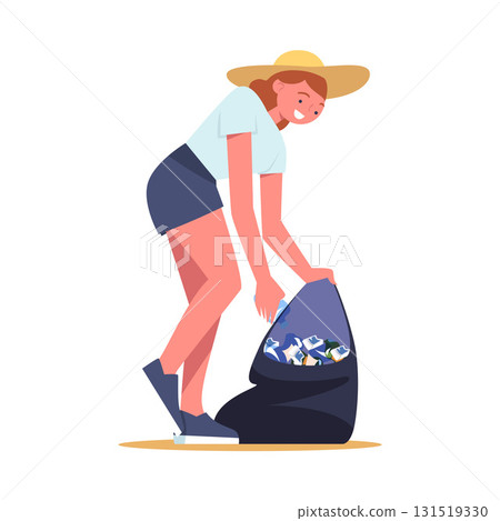 Woman Character Collecting Garbage on Beach in Bag Vector Illustration 131519330