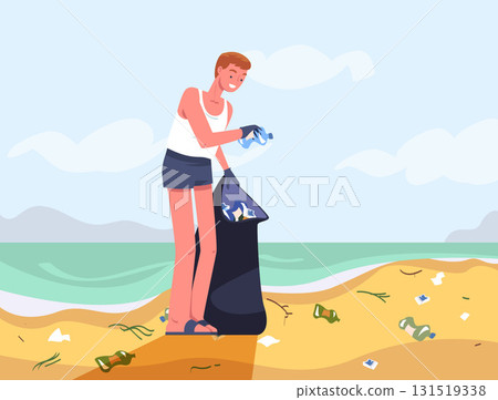 Man Character Collecting Garbage on Beach Vector Illustration 131519338
