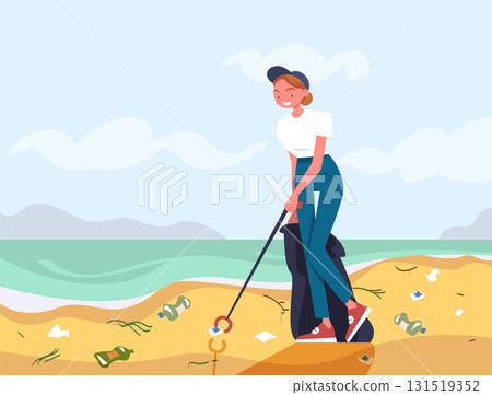 Woman Character Collecting Garbage on Beach Vector Illustration Woman Character Collecting Garbage on Beach Vector Illustration 131519352