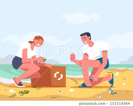 Man and Woman Character Collecting Garbage on Beach Vector Illustration Man and Woman Character Collecting Garbage on Beach Vector Illustration 131519364