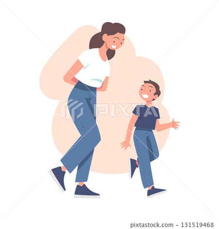 Woman Parent Walk with Son Have Close Relationship Spend Time Together Vector Illustration 131519468