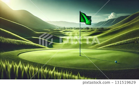 A stunning golf course with green flags fluttering under blue skies A stunning golf course with green flags fluttering under blue skies 131519629