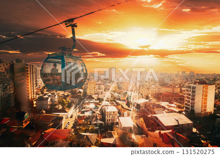 Batumi, Adjara, Georgia. Sun Shining Through Window In Aerial Lift Cableway In Sunny Summer Day. Pendant Road Batumi, Adjara, Georgia. Sun Shining Through Window In Aerial Lift Cableway In Sunny Summer Day. Pendant Road 131520275
