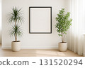 Blank frame with wooden stand and green plant beside emphasizing interior decoration. 131520294