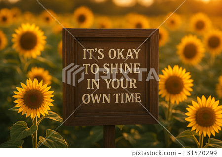 IT'S OKAY TO SHINE, Motivational quote surrounded by sunflowers emphasizing positivity and encouragement. 131520299