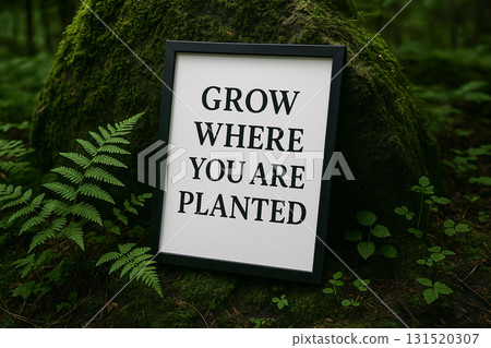 GROW WHERE YOU ARE PLANTED, Framed inspirational quote on green background emphasizing adaptability. GROW WHERE YOU ARE PLANTED, Framed inspirational quote on green background emphasizing adaptability. 131520307