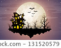 Halloween background with floating island, castle, graveyard and full moon 131520579