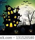 Halloween night background with haunted house, pumpkins and bats 131520580