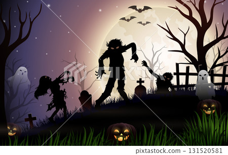 Halloween background with zombie in cemetery and full moon 131520581