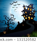 Halloween background with castle, tree and full moon 131520582