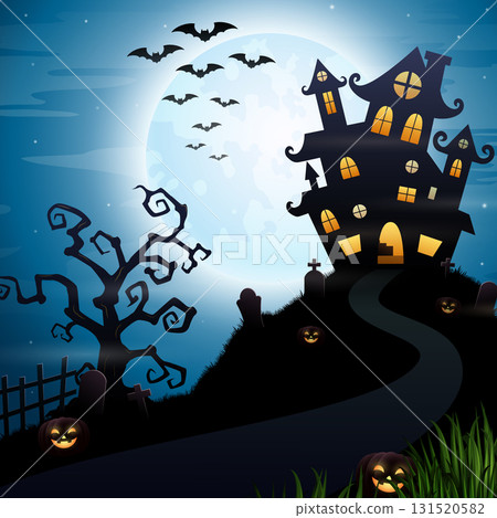 Halloween background with castle, tree and full moon 131520582