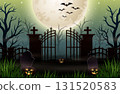 Halloween night background with graveyard, gate, and full moon 131520583