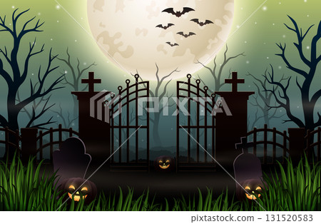 Halloween night background with graveyard, gate, and full moon 131520583