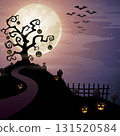 Halloween background with tree, cemetery, bats and full moon 131520584