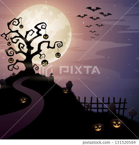 Halloween background with tree, cemetery, bats and full moon Halloween background with tree, cemetery, bats and full moon 131520584