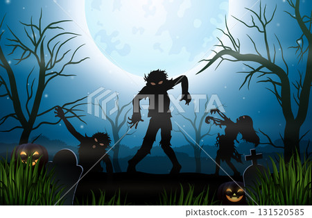 Halloween background with zombie in dark forest and full moon Halloween background with zombie in dark forest and full moon 131520585