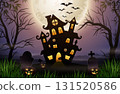 Halloween background with haunted house, pumpkins, cemetery and full moon 131520586