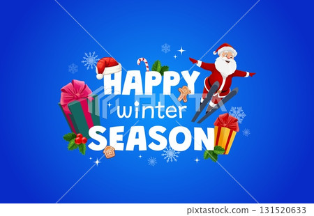 Happy winter season, Christmas holiday quote with Santa and gifts, cartoon vector. Christmas and New Year greeting card with Santa flying jump on skis with gingerbread cookie man and holiday gifts 131520633