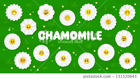Cartoon chamomile stickers with daisy flower faces. Camomile bloom characters with funny emotions. Vector set of patches with cute summer blossoms smile, laugh, crazy or wink and surprised emojis 131520643
