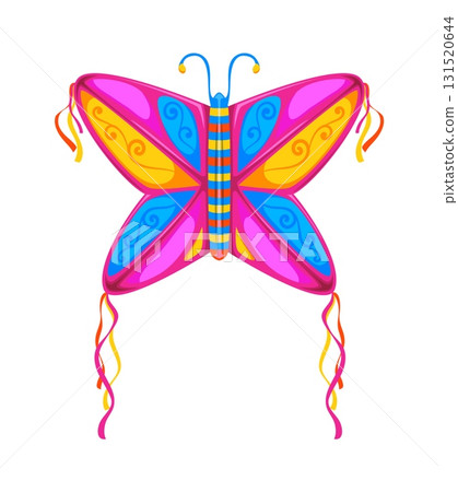 Festival paper kite in shape of butterfly with vibrant wings in pink, blue, yellow, and orange, decorated with swirls and ribbon tails. Isolated cartoon vector playful toy for kids and outdoor fun 131520644