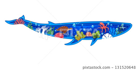 Paper cut whale silhouette with underwater sealife landscape and animals in the sea. 3d vector papercut frame in shape of blower animal captures the serene beauty of ocean depths and marine life 131520648