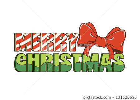 Cartoon phrase merry Christmas is styled in retro groovy font with striped red and white pattern, green gradient text, and a shiny red bow. Festive holiday greeting with candy cane stripes and ribbon 131520656