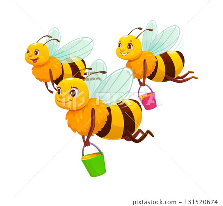 Cartoon cheerful honey bee characters with translucent wings fly while carrying colorful buckets filled with honey. Vector swarm of adorable insect personages workers collecting nectar in the garden 131520674